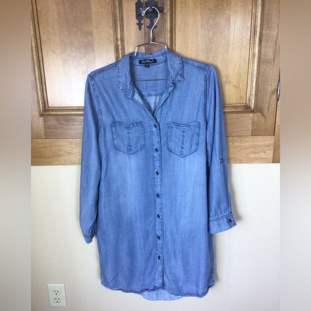 Velvet Heart rayon front button up blue denim look dress
